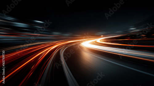Night Highway Lights: The dynamic trail of lights from passing vehicles illuminates a winding highway under the cloak of darkness, creating an abstract display of speed and motion.