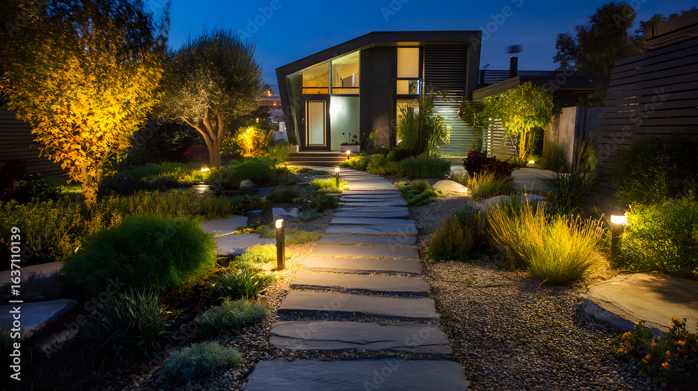 Obraz premium Modern house garden path light evening