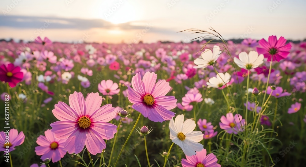 Fototapeta premium Cosmos flowers field sunset light bloom