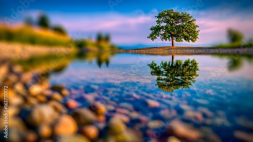 Tranquil tree reflected in a serene body of water.