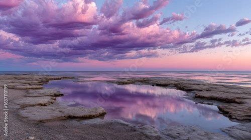 A tranquil seascape at sunset, with vibrant purple clouds reflected in the calm water.