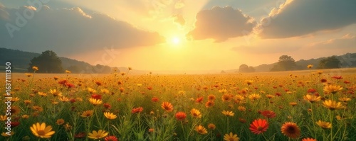 A single sunbeam cuts through the hazy summer sky, illuminating a vibrant field of wildflowers The intense heat shimmers above the golden grasses , season, haze, shimmering heat