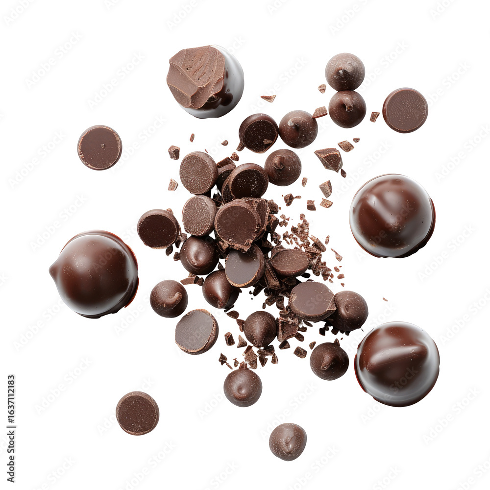 Fototapeta premium Chocolate pieces and chunks in a chaotic, 3D explosion