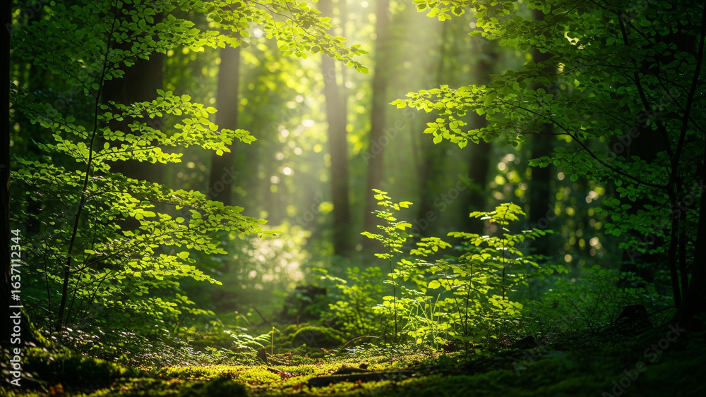 Obraz premium Sunlit Canopy: Sunlight streams through the lush foliage of a verdant forest, casting dappled light on the forest floor, a tranquil scene of the earth's beauty.