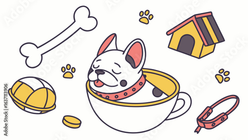 Best Friend Fido themed SVG: Sleepy  French Bulldog with in a teacup in a National Dog Day environment