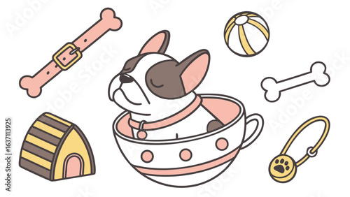 Best Friend Fido themed SVG: Sleepy  French Bulldog with in a teacup in a National Dog Day environment