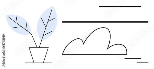 Potted plant with blue leaves next to a stylized cloud and simple lines. Ideal for nature, growth, simplicity, mindfulness, balance, eco-friendly design, modern aesthetics. Clean flat metaphor
