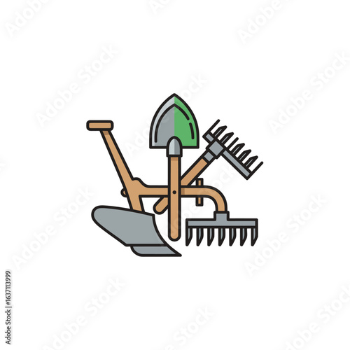 An arsenal for the earth. A plow for the soil, a shovel for the seed, rakes for the finish. The farmer's complete toolkit, waiting for the spring.