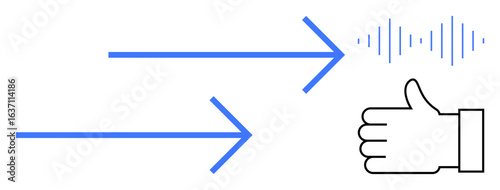 Blue arrows next to a sound wave leading to a hand showing a thumbs-up gesture. Ideal for communication, feedback, approval, interaction, optimization, audio processing, simple landing page