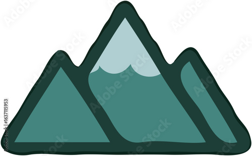 Stylized illustration of three teal-colored mountain peaks with a hint of snow on the central summit, set against a white background.