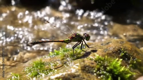 Dragonfly At The Edge Of A Stream Resting Peacefully On Mossy Stone