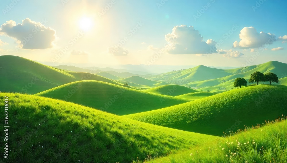 Obraz premium Rolling hills bathed in sunlight, whimsical curves suggesting joyous laughter echoing across the landscape A serene and playful scene of nature's mirth , light, landscape