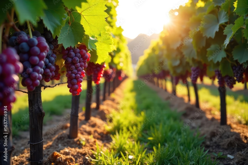 Fototapeta premium Sunlight streams through vineyard rows as ripe grapes hang heavy on the vines, ready for harvest Buckets and shears await the autumnal bounty , ripe, pruning shears, grape picking