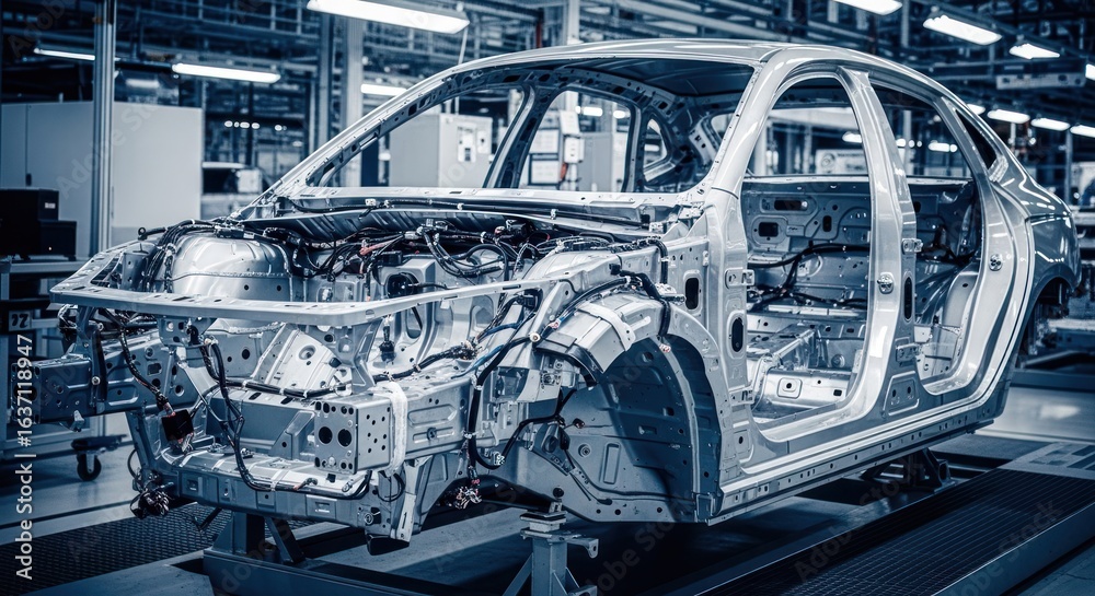 Obraz premium Car frame on assembly line, metal body, wiring visible in a factory setting