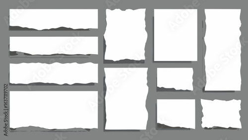 Torn Paper Frame Set. Realistic vector collage kit with ripped paper edges for scrapbooking, photo frames, or mood boards.