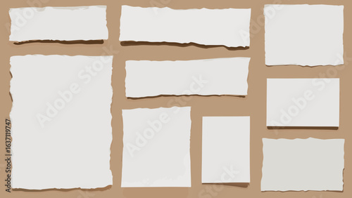 Set of white torn or ripped paper sheets. Scrapbooking edge, torn notebook or torn blank page vector illustration. Abstract realistic ornament or clip art decoration for banner backgrounds 