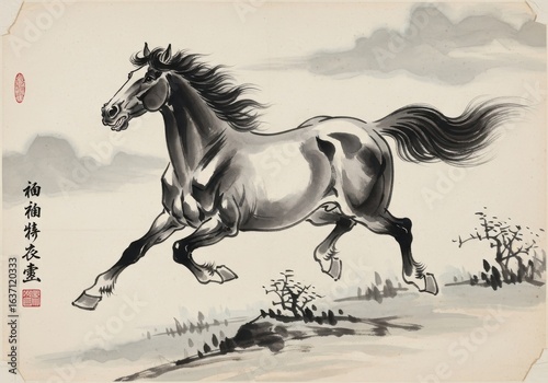 Dynamic brushwork horse illustration inspired by traditional oriental style