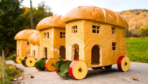 Bread houses on apple wheels.  A train of miniature houses made from bread slices