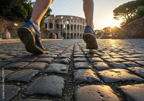 Person walking on a cobblestone street towards the Colosseum in Rome at sunrise