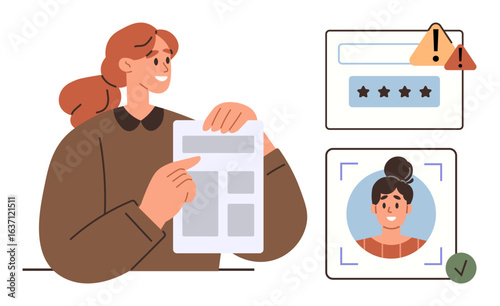 Woman holding document, password alert with warning sign, and face ID in progress. Ideal for user verification, security, identity check, profile setup, authentication, login issues secure access