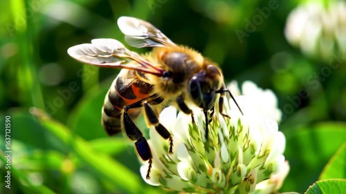 Honeybee Feeding On White Clover Flower Nectar Spring Season