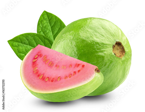 Ripe guava fruits with leaves isolated on transparent background.