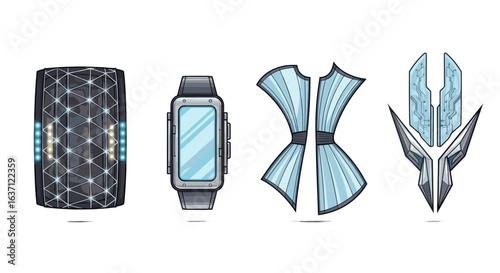 Vector futuristic tech gadgets collection digital accessories and wearables design illustration set