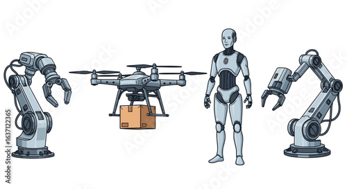 Automation technology concept featuring robot drone and robotic arms for logistics and delivery process
