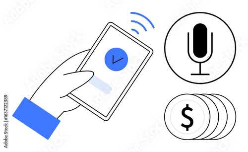 Hand holding phone with a confirmation checkmark and sound waves, microphone icon, and currency coins. Ideal for mobile banking, cashless transactions, voice input, digital wallet, technology, app