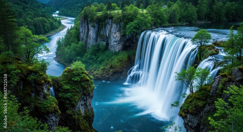 Obraz premium Lush waterfall plunges into blue river surrounded by verdant cliffs and forest