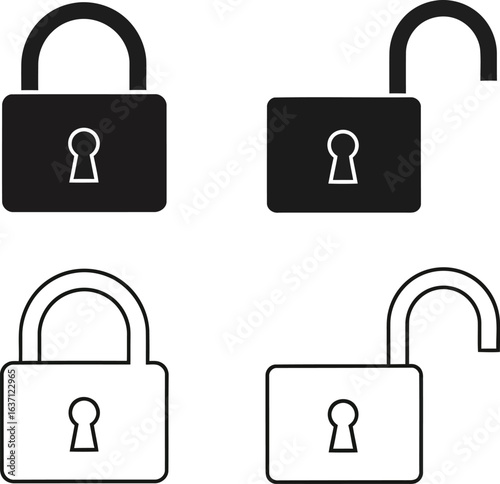 Vector art of set of lock and unlock icons isolated on white background, security concept