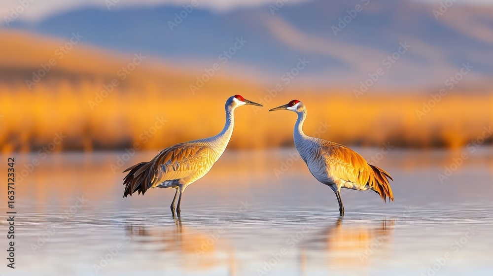 Naklejka premium Pair of Sandhill Cranes on River Edge