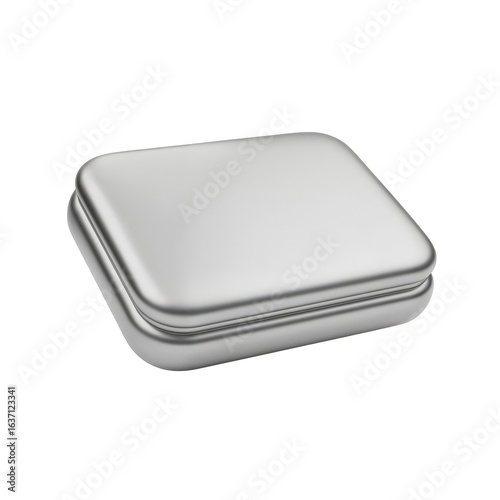 Silver metal tin box with a lid. Square container for storage or packaging, isolated on a  transparent background.