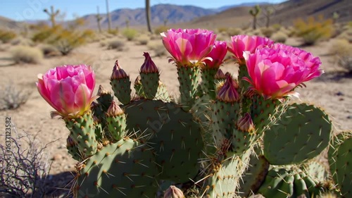 Desert Bloom Prickly Pear Cactus Vibrant Pink Flowers Arid Landscape
