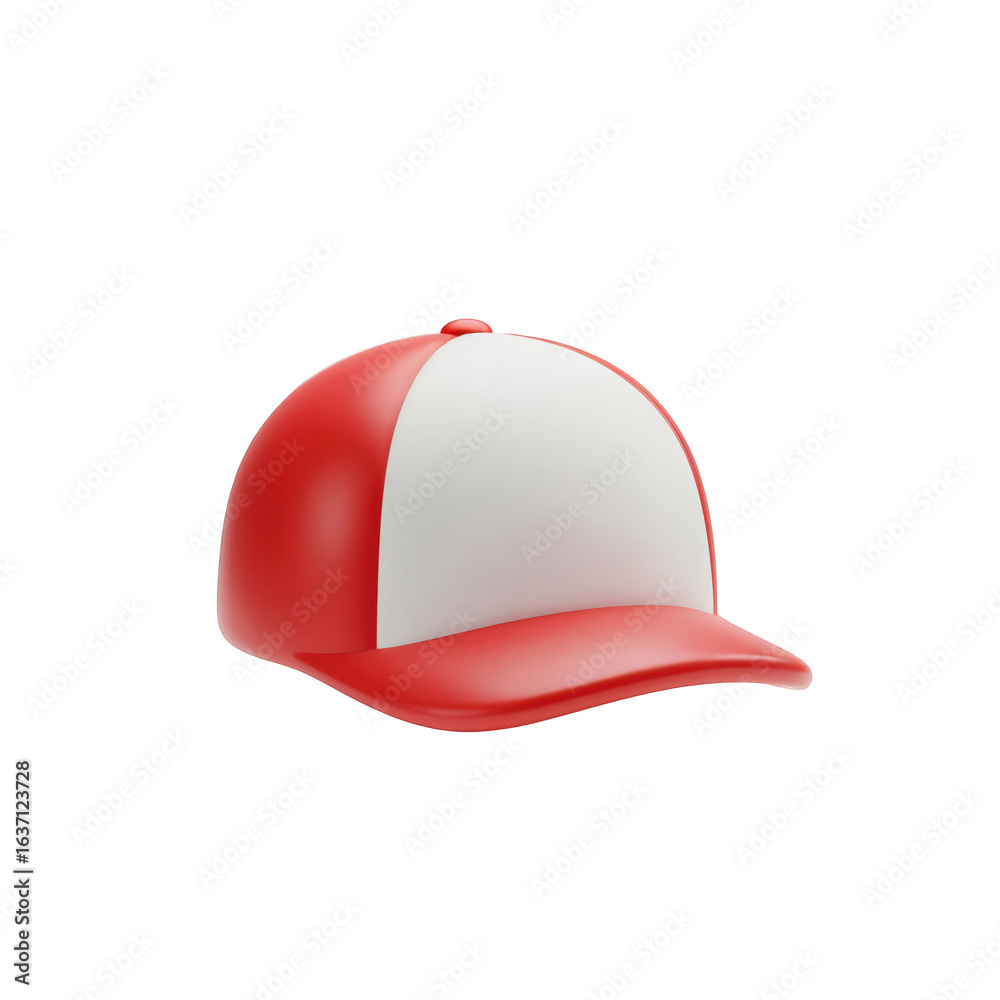 Fototapeta premium Red and white trucker hat. 3D rendered baseball cap icon for design and web. Isolated illustration.