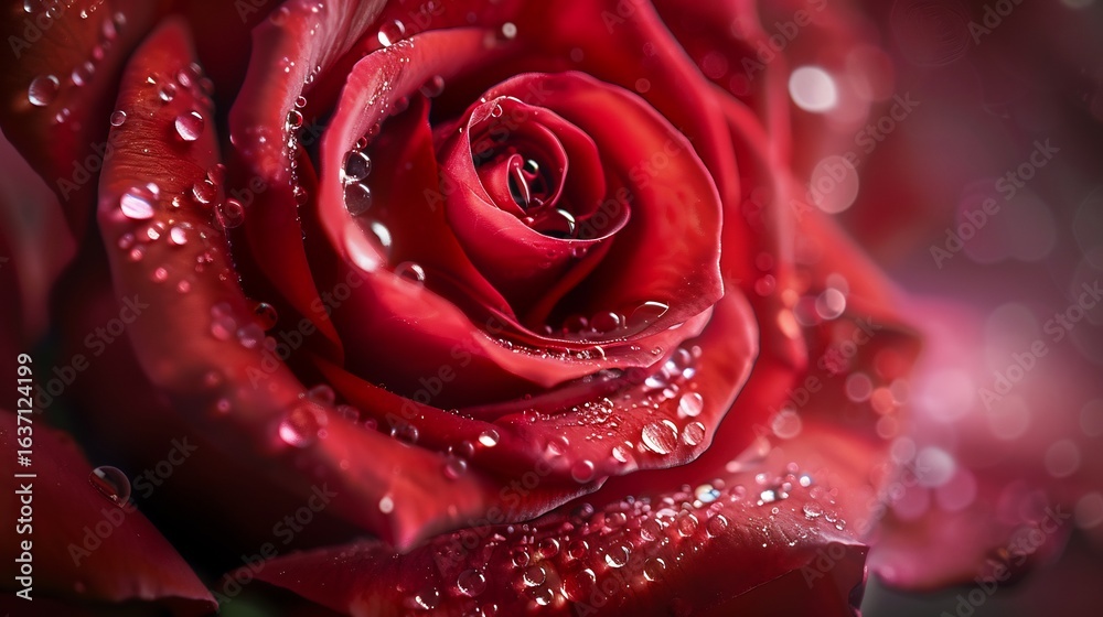 Naklejka premium Dew-kissed Crimson Rose Bloom, Close-up