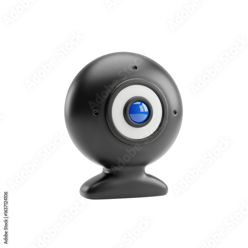 Black spherical webcam with a blue lens. 3D render of a computer camera for video conferencing and streaming, isolated on a  transparent background.