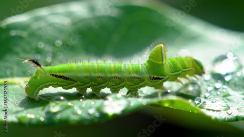 Vibrant Caterpillar Crawls On Lush Green Leaf With Water Droplets