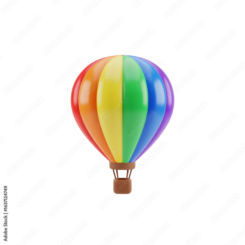 Naklejka premium Rainbow Hot Air Balloon Illustration. 3D render of a colorful aerostat representing LGBTQ pride, isolated on a transparent background.