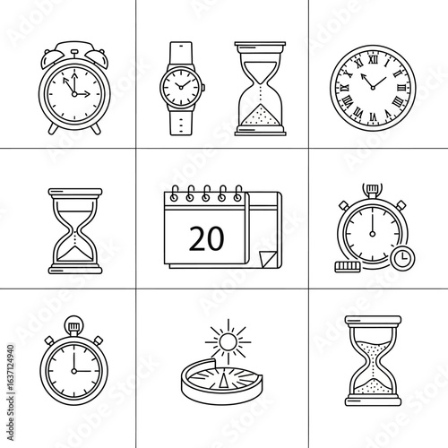 A comprehensive collection of minimalist line icons representing various time-keeping instruments and concepts, perfect for digital design and web applications.