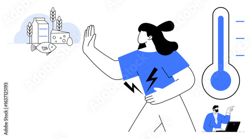 Woman raising hand to avoid allergens with food items thumbs up milk, fish, and cheese, thermometer signifying allergy severity, man working on laptop. Ideal for health, allergy care, symptoms