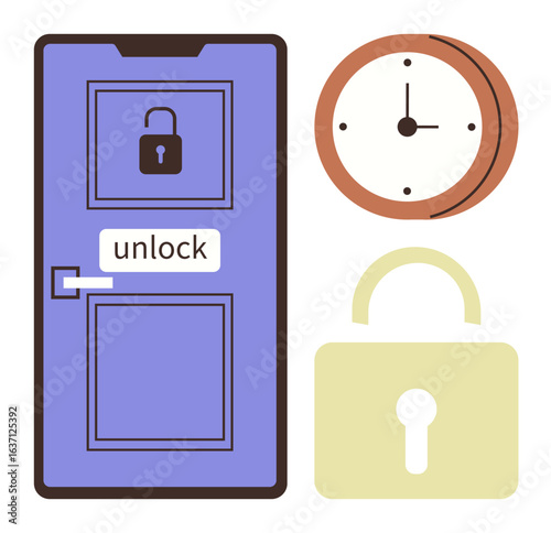 Door with unlock icon, padlock, and clock illustrating themes of access, time, safety, deadlines, punctuality, personal boundaries and task scheduling. A simple flat metaphor