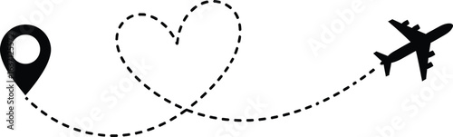 Airplane flight path with heart shaped dashed line, travel destination pin and plane silhouette, romantic vacation and honeymoon trip concept