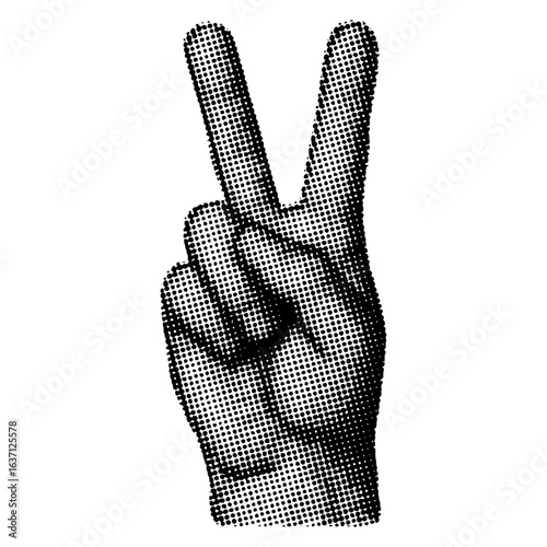 Isolated black and white halftone peace or victory hand gesture