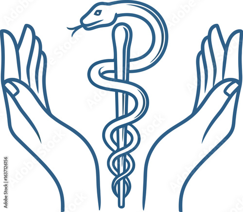 Medical caduceus symbol with healing hands, blue line art rod of asclepius for healthcare branding, pharmacy and medicine eps vector
