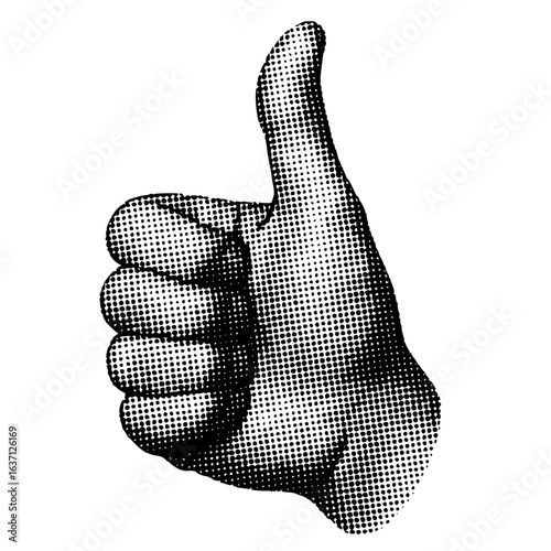 Isolated Black and White Halftone Thumbs Up Gesture
