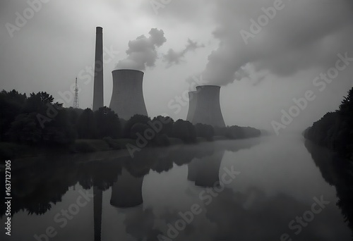 Modern nuclear power plant with cooling towers at sunset, reflecting in river. Clean energy, industrial landscape, eco-friendly concept, climate change awareness, and sustainable electricity.