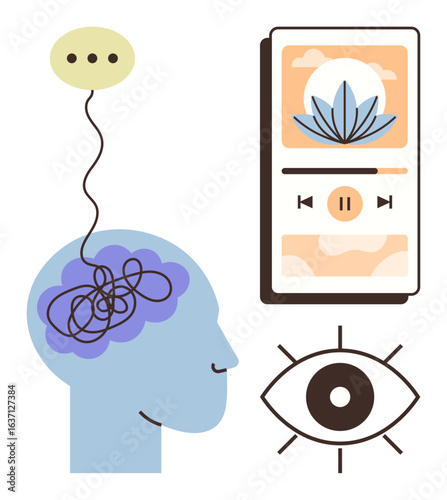 Human brain with tangled lines connected to speech bubble, meditation app on smartphone, and eye symbol. Ideal for mental health, mindfulness, relaxation, focus, self-care, awareness technology