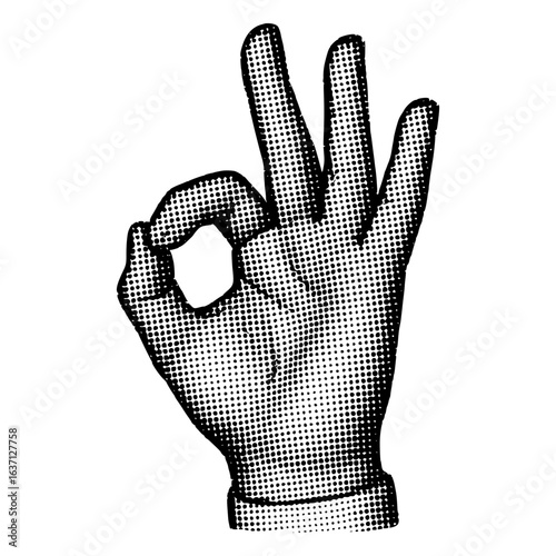 Isolated Black and White OK Hand Gesture in Halftone Style