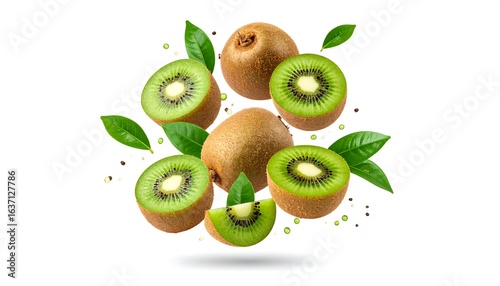 Fresh kiwi fruit halves and whole kiwis with green leaves on a white background